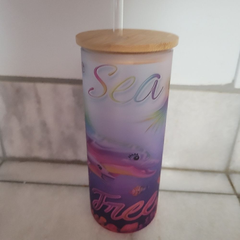 Multicolor Tumbler w/ Wooden Lid & Straw Dolphins Jellyfish Underwater Sea